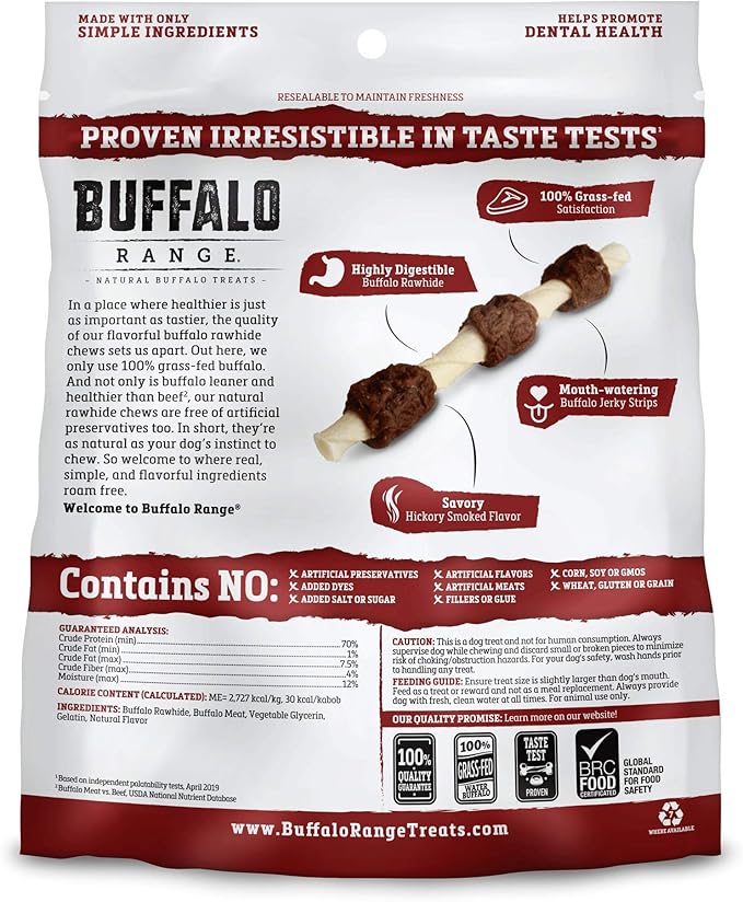 Rawhide Dog Treats - Healthy, Grass-Fed Buffalo Jerky Raw Hide Chews - Hickory Smoked Flavor - Jerky Kabob, 18 Count