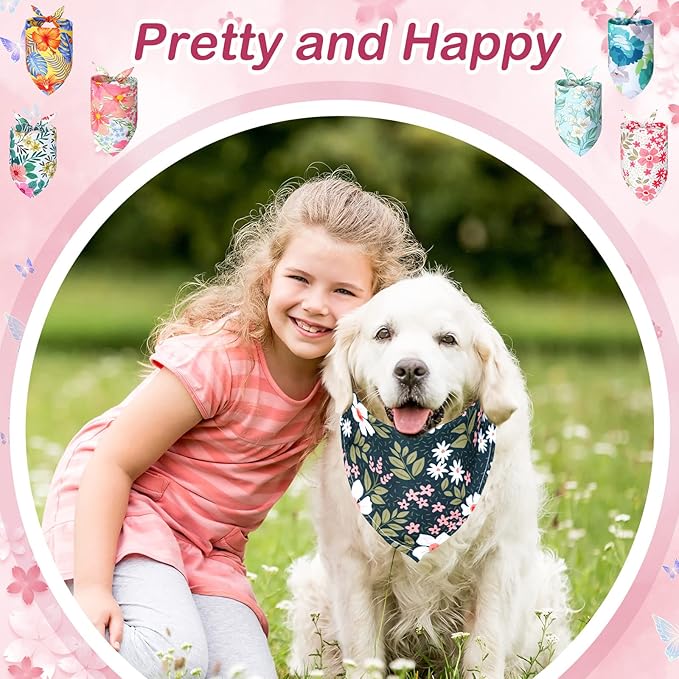 Sweetude 50 Pcs Floral Dog Bandanas Summer Flower Triangle Scarf Adjustable Costume Washable Outfit for Small to Large Pet