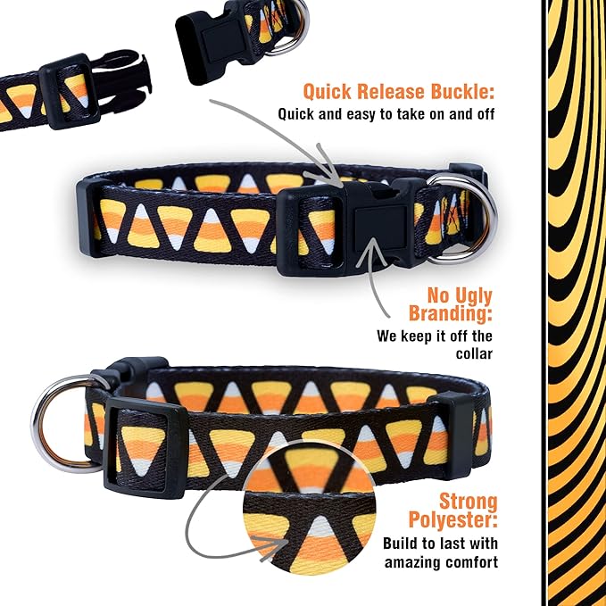 Native Pup Halloween Dog Collar- Spooky Fall Themed Horror Costume Collars- Skull, Pumpkin, Ghost, Bat, Witch, Candy Corn, Spider- Adjustable for Small, Medium, Large Breeds (Large, Candy Corn)