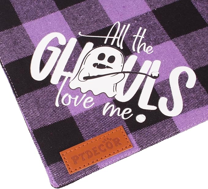 PTDECOR Dog Halloween Bandanas, Classic Orange Purple Plaid Pet Bandana, Multi Size, Triangle Halloween Bandanas for Small Dogs Pets (Small)