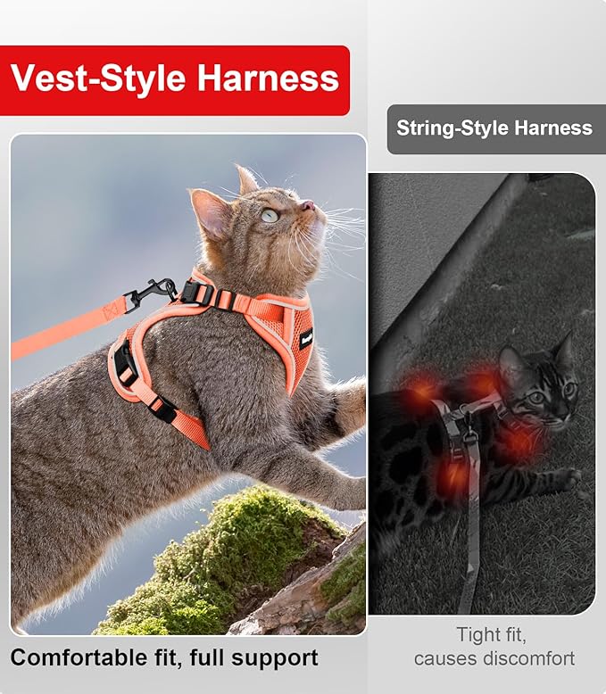 Cat Harness and Leash for Walking Escape Proof Soft Adjustable Cat Leash Breathable Comfortable Vest Easy to Wear Kitten Harness for Outdoor Travel Orange S