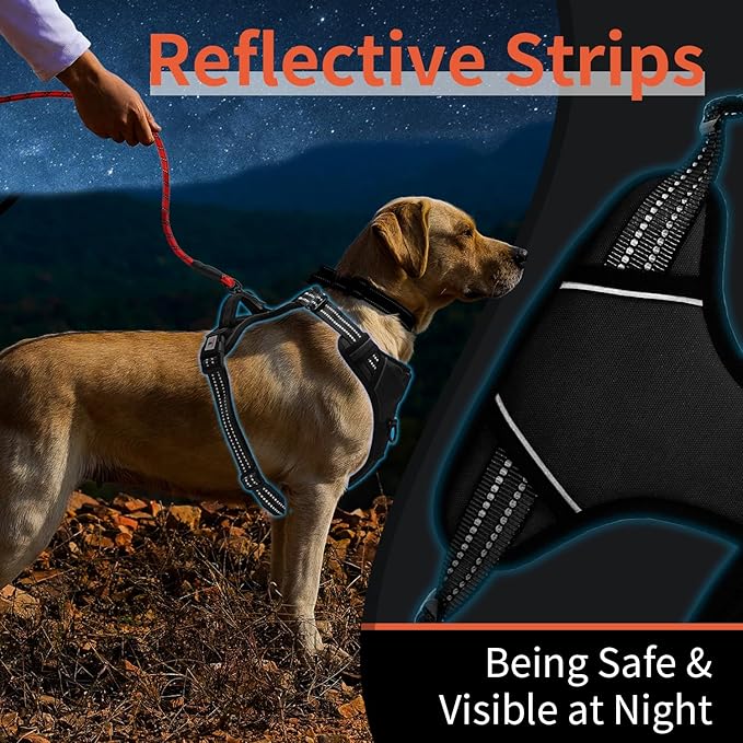 Dog Harness, No-Pull Pet Breathable Harness, Adjustable Soft Padded Dog Vest with 2 Leash Clips, Reflective No-Choke Pet, Easy Control Handle for Large Dogs, Black, L
