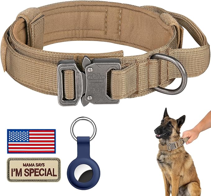DAGANXI Tactical Dog Collar, Adjustable Military Training Nylon Dog Collar with Control Handle and Heavy Metal Buckle for Medium and Large Dogs, with Patches and Airtags Case (L, Brown)