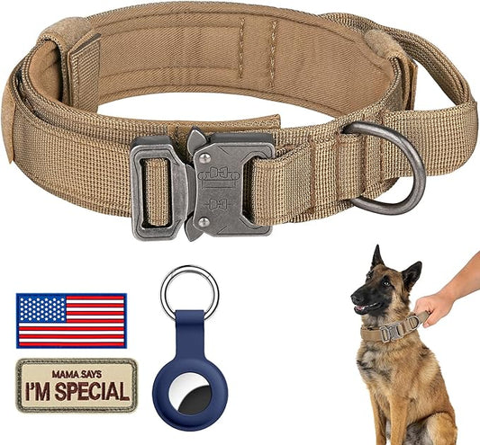 DAGANXI Tactical Dog Collar, Adjustable Military Training Nylon Dog Collar with Control Handle and Heavy Metal Buckle for Medium and Large Dogs, with Patches and Airtags Case (L, Brown)