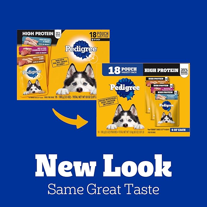 Pedigree High Protein Wet Dog Food Pouches, Variety Pack, 3.5 oz. Pouches,(Pack of 18)