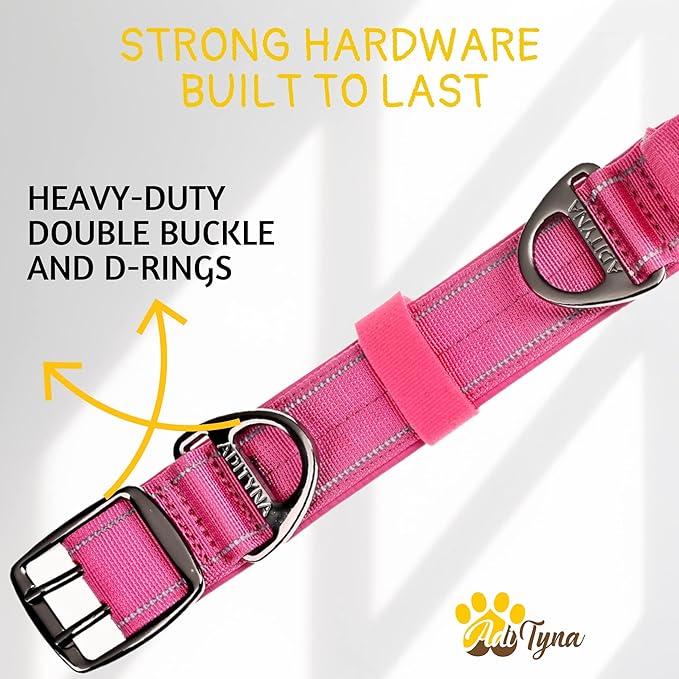 ADITYNA Heavy Duty Dog Collar for Extra-Large Girl Dogs - Reflective Pink Big Collar with Handle for Training, and Walking - Wide, Thick, Tactical, Soft Neoprene Padded