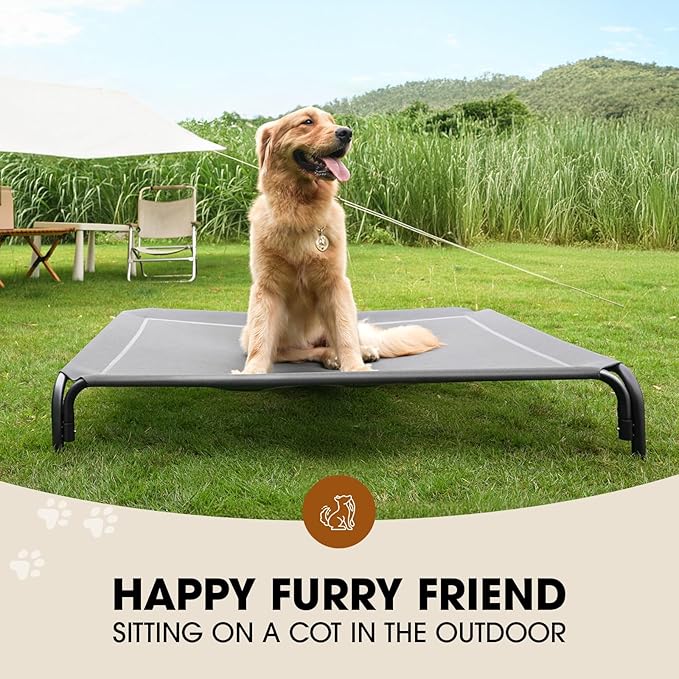 Elevated Dog Bed, Raised Outdoor Dog Bed for Large Sized Dog, Portable Cooling Pet Cot with Breathable & Washable Mesh, Indoor & Outdoor Pet Hammock with Skid-Resistant Feet.