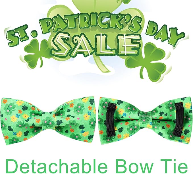 St. Patrick's Dog Collar with Bow Tie, Cotton St. Patrick's Bowtie Collar for Girl Boy Dog, Lucky Shamrock Dog Collar with Metal Buckle, Green, Spring, S