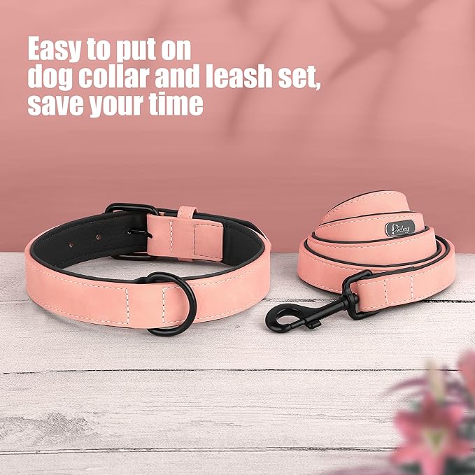 Didog Soft Padded Leather Dog Collar and Leash Set, Heavy Duty Pink and Breathable Pet Collars with 4FT Leather Dog Leash for Small Medium Large Dogs, Pink, L