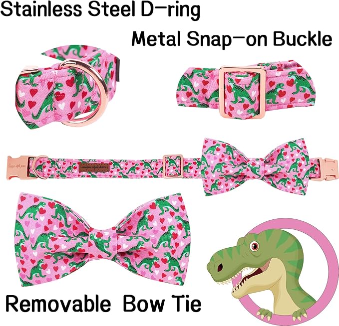 Unique style paws Dog Collar with Bowtie Pink Dinosaur & Heart Puppy Collar Suitable for Small Medium Large Dogs with Adjustable Safety Metal Buckle for Valentine's Day-M
