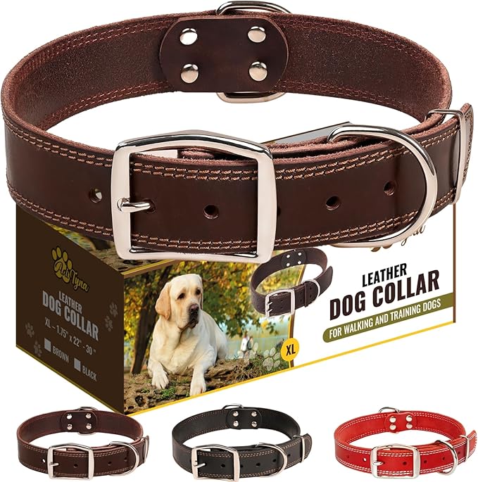 ADITYNA Heavy Duty Leather Dog Collar for Extra-Large Dogs - Soft and Strong Leather Collar for XL Breeds (Extra-Large: Fit 22" - 30" Neck, Brown)