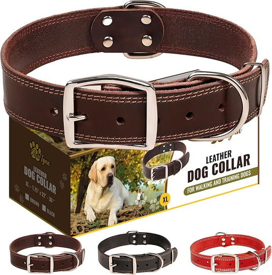 ADITYNA Heavy Duty Leather Dog Collar for Extra-Large Dogs - Soft and Strong Leather Collar for XL Breeds (Extra-Large: Fit 22" - 30" Neck, Brown)