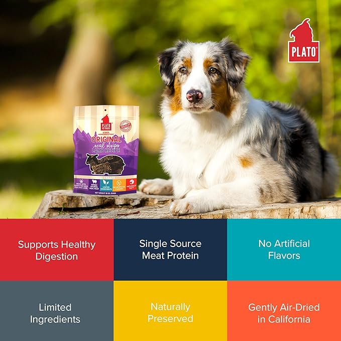 Plato Pet Treats Real Strips - Air-Dried Meat Bars for Dogs - Delicious, Limited Ingredient Dog Treats - Grain Free Dog Treats - Original Real Strips Lamb 6oz