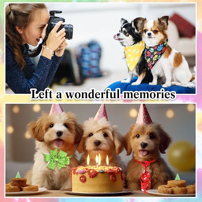 Hosuly 50 Pcs Funny Dog Bandana Collar Set Include 10 Bow Tie 10 Necktie Collar 10 Pet Scarf 10 Bow Flowers 10 Hexagonal Bowtie Cat Dog Grooming Accessories for Festival Photography(Paw Bone)