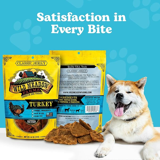 Wild Meadow Farms - Classic Turkey Bites, Soft Jerky Treats for Dogs, Grain-Free & All-Natural, Ideal for Training, Portioning, and High-Value Rewards for All Breeds & Ages - 3.5 Ounce Pouch