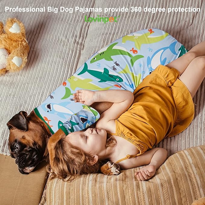 LovinPet Surgical Recovery Shirt for Large Dogs, Undershirt for Dog Coats, Lightweight Stretchy Knit Dog Onesie, Big Bites Turquoise Print Dog Jammies, UV Protection, Stop Shedding for Dogs, Medium