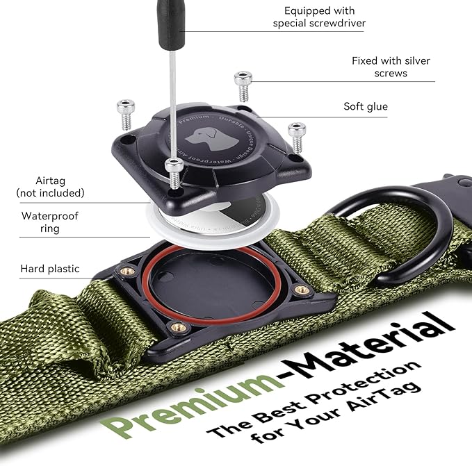 2025 Upgrade Waterproof AirTag Dog Collar, Military Tactical Dog Collar with AirTag Holder, Comfortable Control Handle and Metal Buckle, GPS Dog Collar Holder for Medium to Large Dogs (ArmyGreen, M)