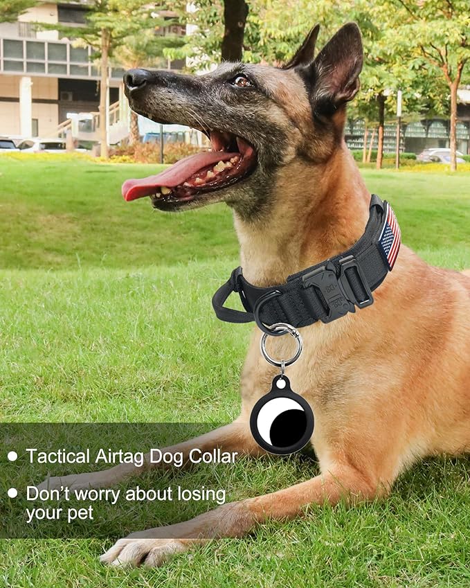 Hotsky Tactical Dog Collar, Adjustable Military Training Nylon Airtag Collar with Handle and Heavy Duty Metal Buckle for Medium Large Dogs, with Airtag Holder and Two Patches(Black,L)