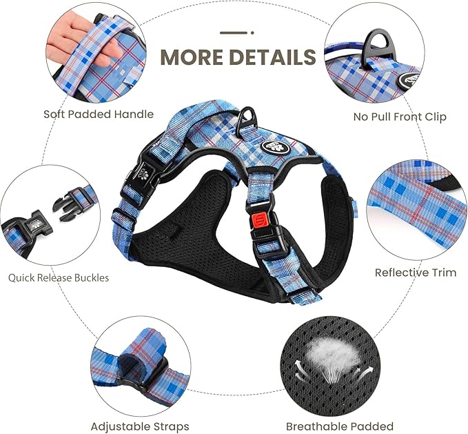 FURRYFECTION Plaid Dog Harness for Large Dogs | No Pull Reflective Pet Harness | No Choke Adjustable Dog Vest Harnesses | with Leash | Easy Control Handle | Front Lead | Seat Belt | Blue&White | L