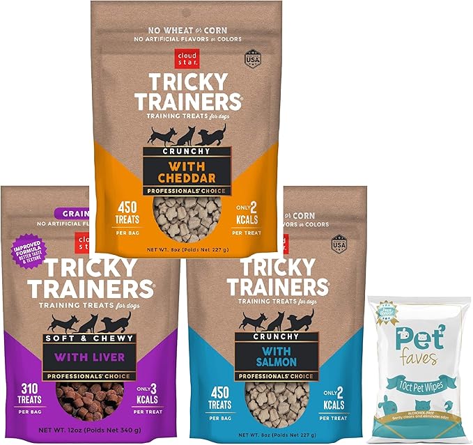(3 Pack) Cloud Star Tricky Trainers Crunchy Low Calorie Training Dog Treat 14 oz, Cheddar, Liver, and Salmon with 10ct Pet Wipes