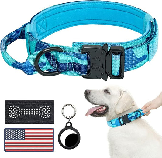 Hotsky Tactical Dog Collar, Adjustable Military Training Nylon Airtag Collar with Handle and Heavy Duty Metal Buckle for Medium Large Dogs, with Airtag Holder and Two Patches(Blue Camo,XL)