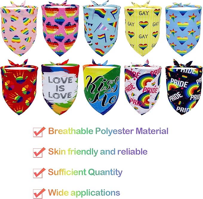 10PCS Pride Day Dog Bandanas with Rainbow Color for XXS XS Small Dog Triangle Bibs Scarves Boys and Girls Gay Pride with Love is Love Kiss Me Grooming Accessories Costume