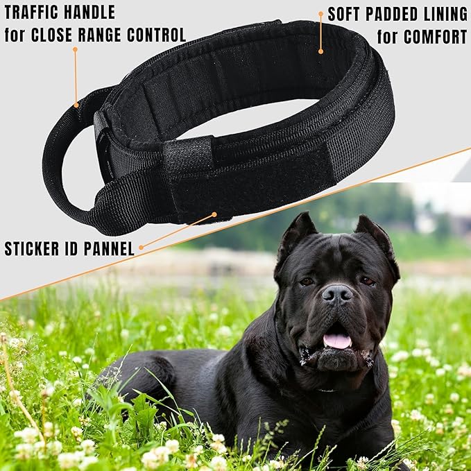 ADITYNA Tactical Dog Collar for Extra-Large Dogs - Soft Padded, Heavy Duty, Service, Adjustable Military K9 Black XL Collar with Handle for Training and Walking
