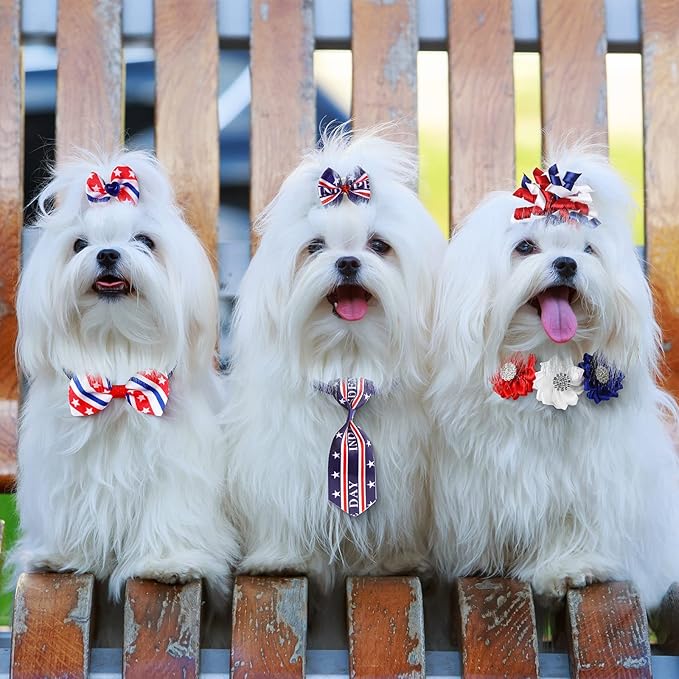 50 Pcs Dog Collar Bows Ties Set Patriotic Memorial Day 4th of July, Bow Flowers Charms Grooming for Small Medium Large Dogs Cats Collar Independence Day Party Decoration Costume Supplies