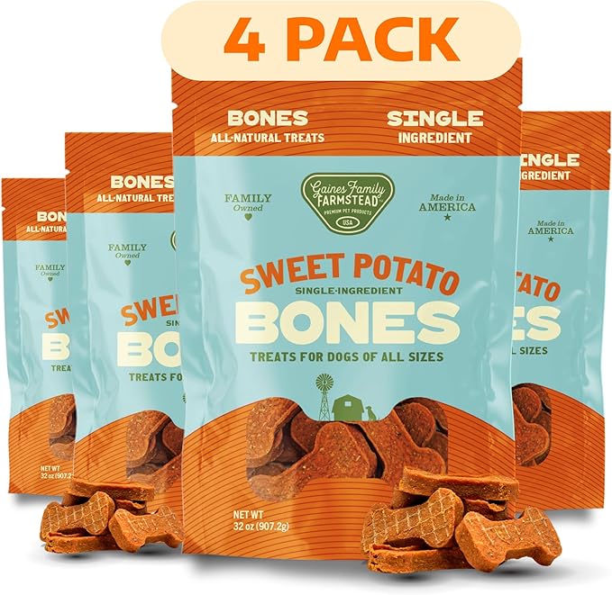 Gaines Family Farmstead Sweet Potato Dog Bones 4 Pack – 32 oz, All-Natural, Single Ingredient, Grain-Free Dog Treats for Digestive Health, Training & Rewards – High-Fiber, Made in USA