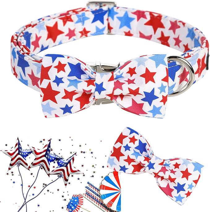 ARING PET American Flag Dog Collar, Cute Bowtie Dog Collars with Metal Buckle, Red White Blue Star Pet Collar Bow Tie for Small Meduim Large Dogs