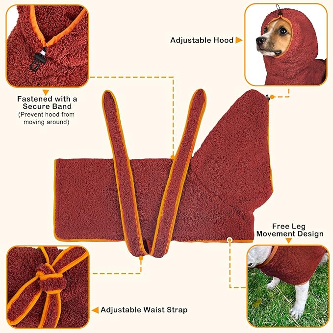 Bienbee Soft Dog Bathrobe,Super Absorbent & Quick-Drying Dog Robe with Hood, Cozy Drying Coat for After Bath, Red L