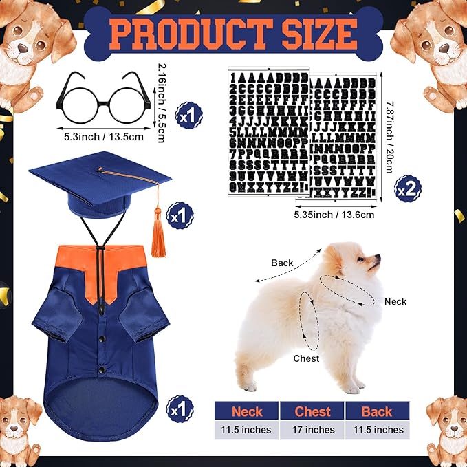 5 Pcs Dog Graduation Costume Set Include 2025 Pet Graduation Gown with Stole Puppy Grad Cap Lensless Glasses DIY Letter Stickers for Dogs Cats Holiday Costume Accessory(Blue Orange,S)