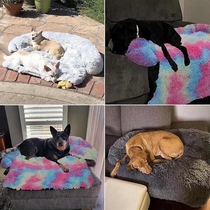 Calming Dog Bed Fluffy Plush Dog Mat for Furniture Protector with Removable Washable Cover for Large Medium Small Dogs and Cats (Medium, Rainbow)