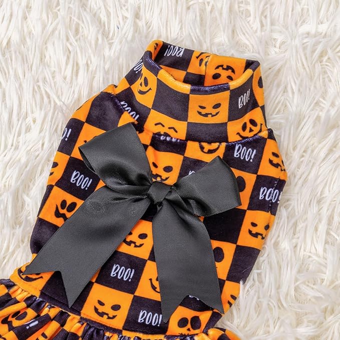 CuteBone Turtleneck Dog Velvet Dress Halloween Puppy Skirt Costume Pet Clothes Cat Apparel with Bow Hair Rope for Small Dogs CVD10XS