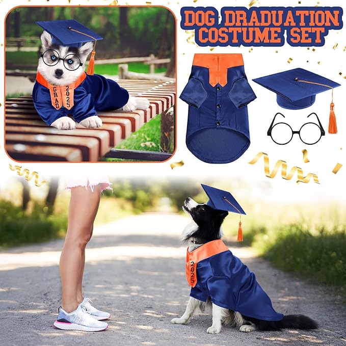 5 Pcs Dog Graduation Costume Set Include 2025 Pet Graduation Gown with Stole Puppy Grad Cap Lensless Glasses DIY Letter Stickers for Dogs Cats Holiday Costume Accessory(Blue Orange,S)