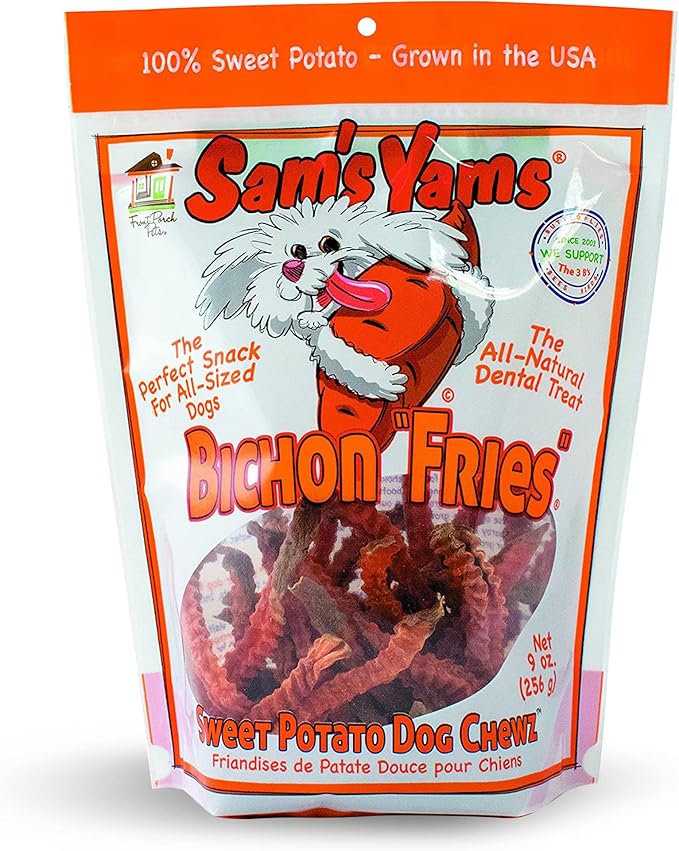 Sams Yams Sweet Potato Dog Treats, Healthy Dog Treats for Small & Medium Dogs, Sweet Potato Dog Treats Made in USA, High Fiber, Vegan Dental Chews - Bichon Fries, Sweet Potato Dog Chewz, 9oz (1 Pack)