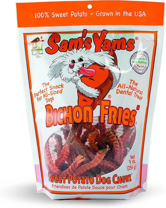 Sams Yams Sweet Potato Dog Treats, Healthy Dog Treats for Small & Medium Dogs, Sweet Potato Dog Treats Made in USA, High Fiber, Vegan Dental Chews - Bichon Fries, Sweet Potato Dog Chewz, 9oz (1 Pack)