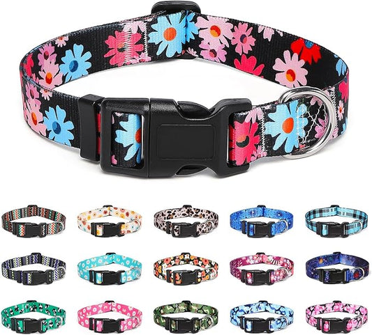 Adjustable Dog Collar with Patterns, Ultra Comfy Soft Nylon Breathable Pet Collar for Small Medium Large Dogs (M, Floral Pink Blue)
