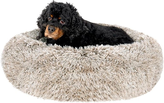Furhaven 23" Round Calming Donut Dog Bed for Indoor Cats & Small Dogs, Washable, for Dogs Up to 20 lbs - Shaggy Plush Long Faux Fur Donut Bed - Driftwood Brown, Small