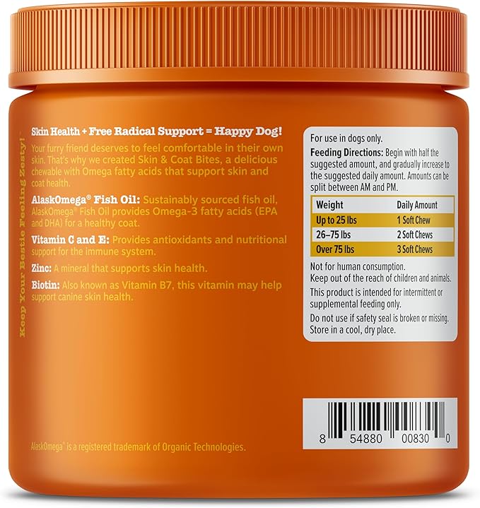 Zesty Paws Omega 3 Fish Oil for Dogs - Zesty Paw Dog Vitamins and Supplements for Hip, Joint & Skin, Bacon (90 Chews)