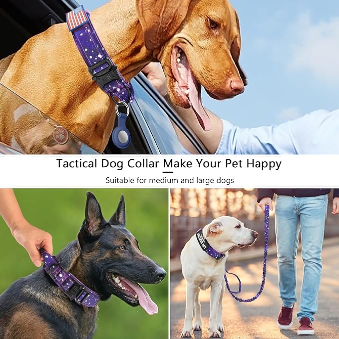 DAGANXI Tactical Dog Collar, Adjustable Military Training Nylon Dog Collar with Control Handle and Heavy Metal Buckle for Medium and Large Dogs, with Patches and Airtags Case (M, Purple Sky-Set)