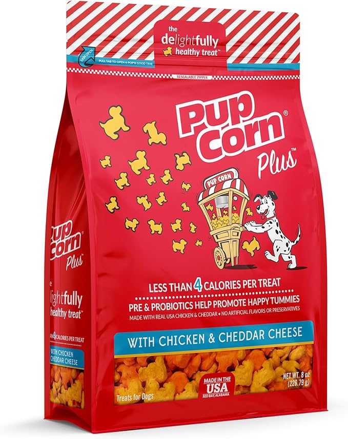 Pup Corn Plus - Puffed Dog Treats with Preiotics and Probiotics - Chicken & Cheddar Cheese, (8oz)