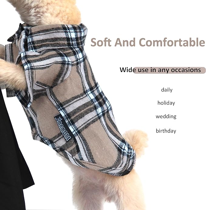 Soft Casual Dog Plaid Shirt,Gentle Dog Western Shirt Pet Clothes, Dog Cotton Shirt with Bow Tie for Wedding,Christmas Costumes (Medium, Dark Khaki)
