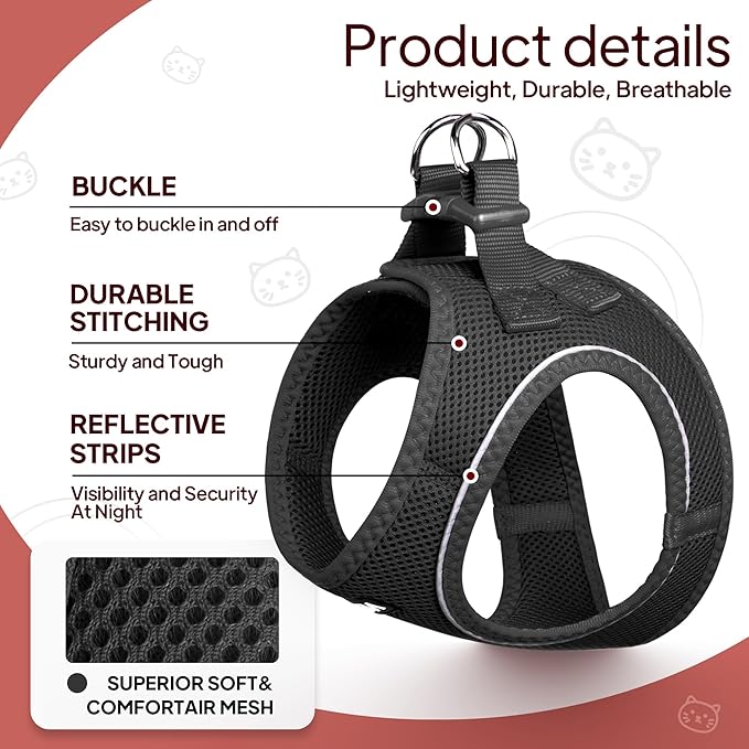 TwoEar Cat Harness Escape Proof, Soft Dog Vest Harness Adjustable, Breathable Mesh Step-in Puppy Walking Jacket Reflective Easy Control for Extral Small Pets for Outdoor Walking(XXS, Black)