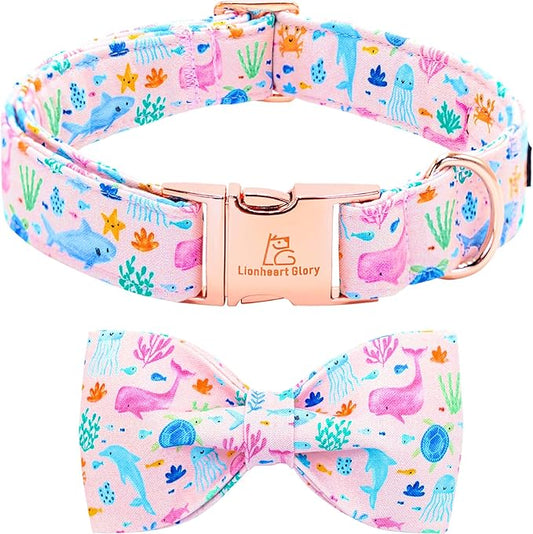 Lionheart glory Dog Bow Collar Sea Animals Print Pink Dog Collar for Large Dogs,Female Male Dog Collars with Bowtie Spring Summer Collars Soft Adjustable Pet Collar Bows