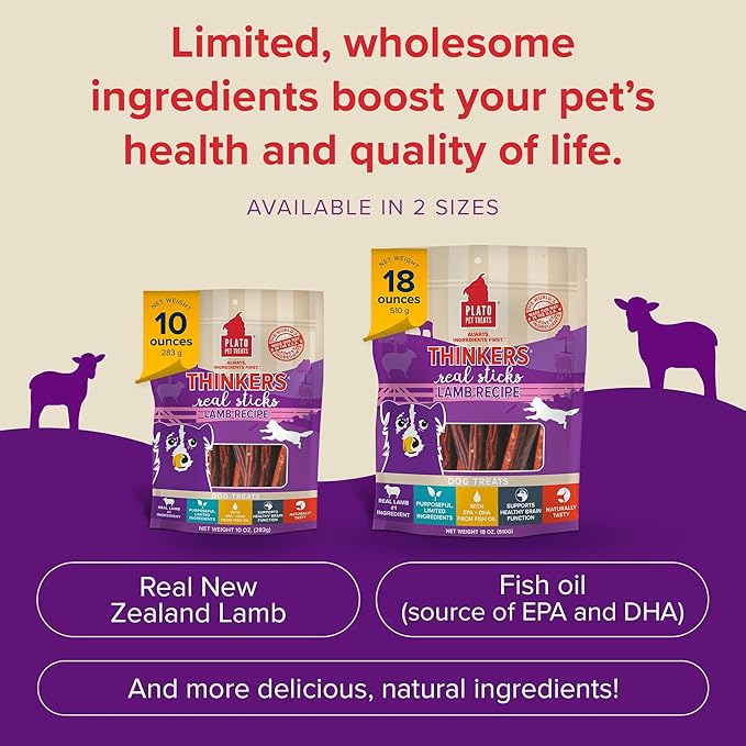 Plato Pet Treats Thinkers - Meat Stick Treats for Dogs - Limited Ingredient Dog Treats with EPA and DHA to Support Skin, Coat, and Brain - Air-Dried Dog Treats - Thinkers Lamb 18oz