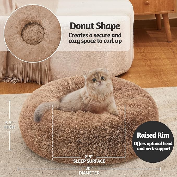 OhGeni Calming Donut Cat Bed Pillow for Small Pets, Machine Washable Removable Cover, Comfort Plush Fluffy Faux Fur with Anti-Slip Bottom, Dogs-Friendly Round Cuddly Design, Ocher, 20 inches