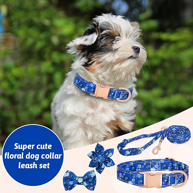Dog Collar and Leash Set Girls Adjustable Puppy Collars with Floral Bow Tie for Small Medium Large Female Dogs, BluePaisley, L