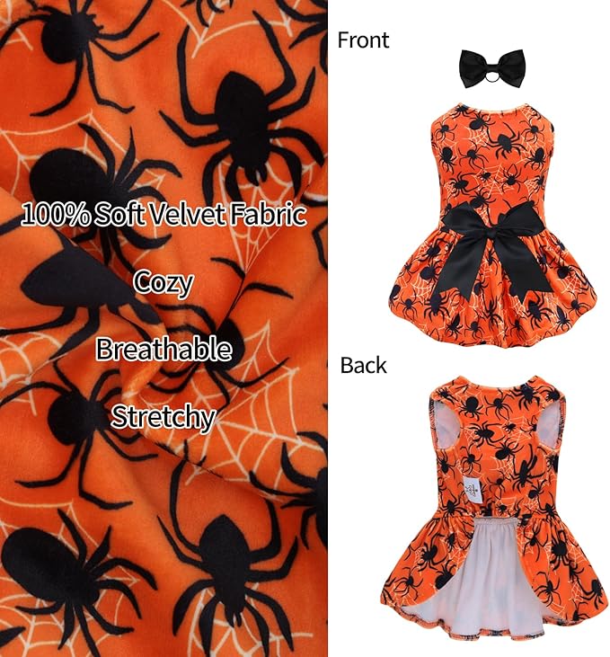CuteBone Halloween Dog Dresses Velvet Holiday Small Dogs Clothes Onesie Pet Apparel Girl Puppy Skirt with Bow Hair Rope CVA46M