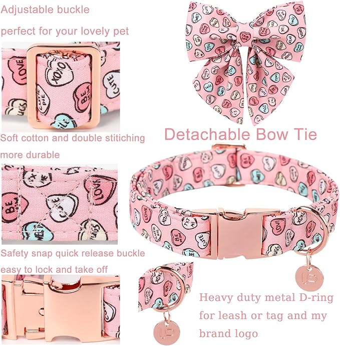 Valentine’s Dog Collar with Bow Tie, Pink Heart Bowtie Collar with Metal Buckle, Valentine’s Gift Pet Collar for Puppy Girl Boy Dog or Cat, Wedding Dog Collar, XS
